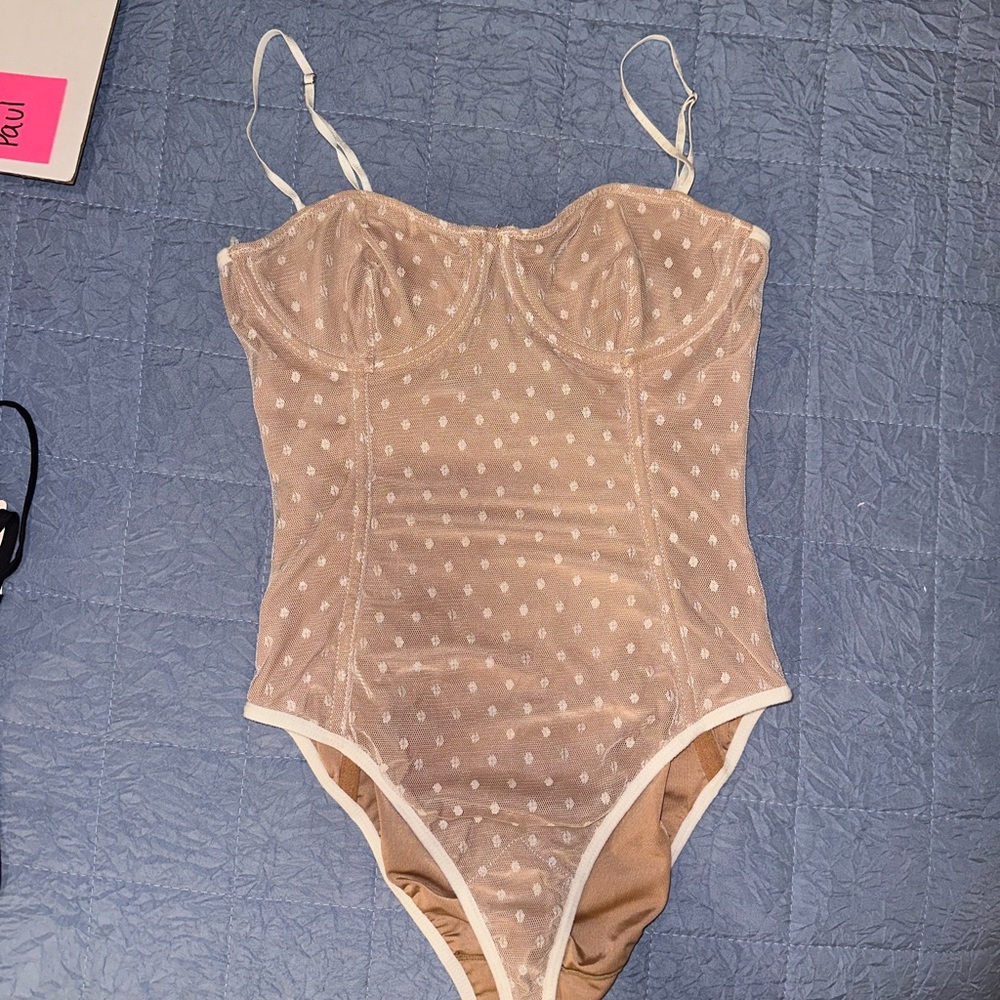 White Fox Boutique Cream Bodysuit with Textured Polka Dots